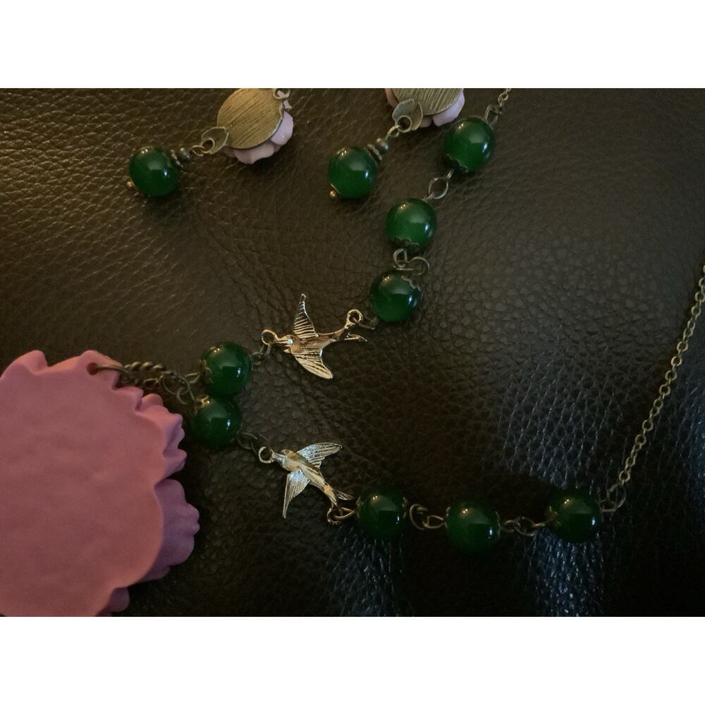 Shabby Chic Peony Bird Flower Necklace Earrings VTG Cottagecore Artisan French - Picture 8 of 9
